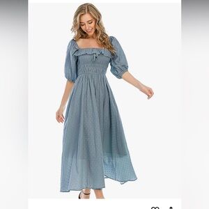 Blue Smocked Maxi Dress with Puff Sleeves and Square Neck
